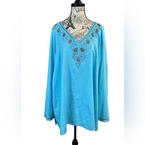 Tantrums Cotton Sky Blue Silver Beaded V- Neckline Long Sleeve Tunic Size 3X